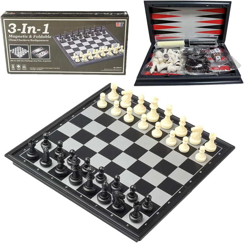 Magnetic Foldable 3 In 1 Chess Set Travel Size, Includes Checkers and Backgammon