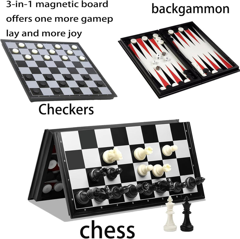 Magnetic Foldable 3 In 1 Chess Set Travel Size, Includes Checkers and Backgammon